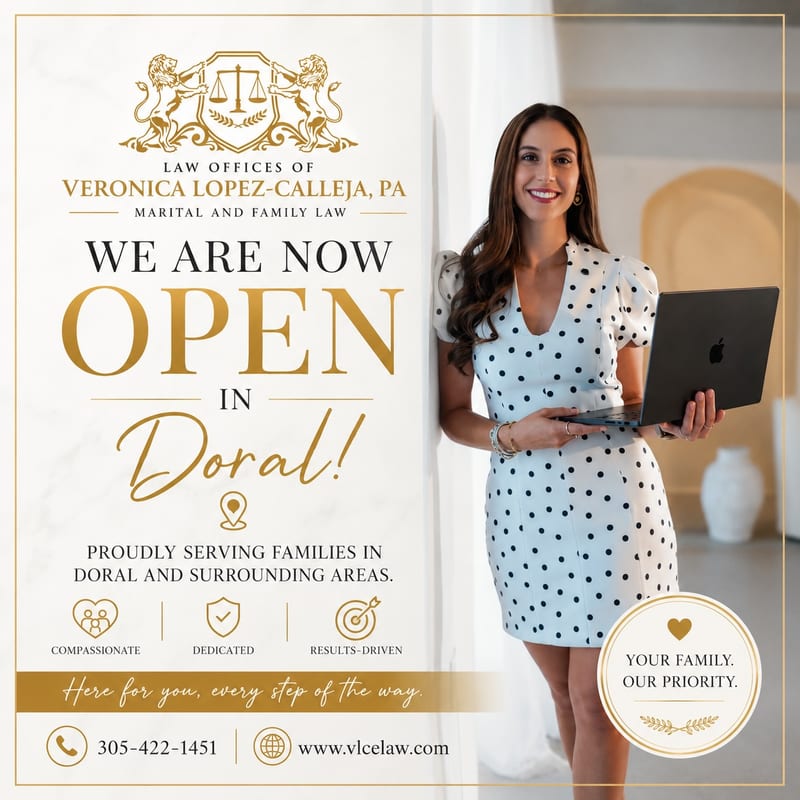 Veronica Lopez-Calleja standing beside the firm logo at the Doral office opening.